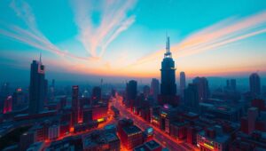 Vibrant Voxel Cityscape at Dusk – free AI stock image