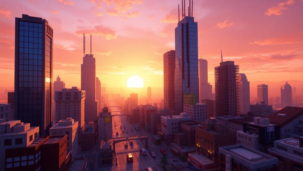 Vibrant Voxel Cityscape at Sunset – free AI stock image
