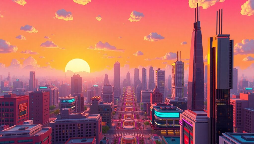 Vibrant Voxel Cityscape at Sunset – free AI stock image