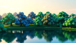 Vibrant Voxel Landscape with Lake – free AI stock image