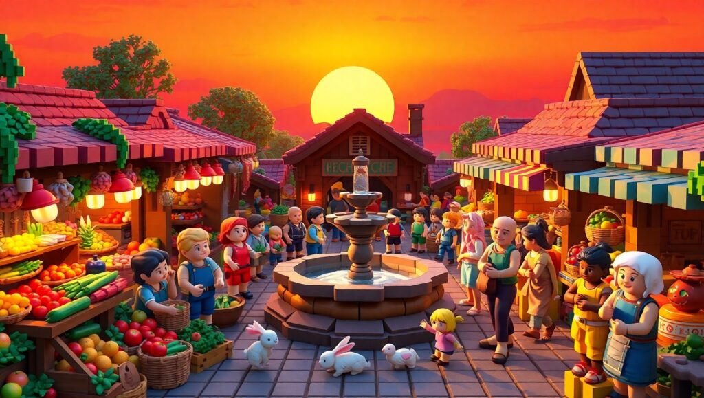Vibrant Voxel Market at Sunset – free AI stock image