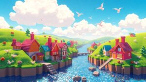 Vibrant Voxel Village Scene – free AI stock image