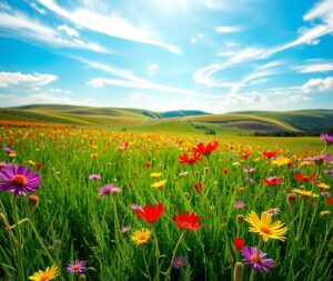 Vibrant Wildflower Field Under Blue Sky – free AI stock image