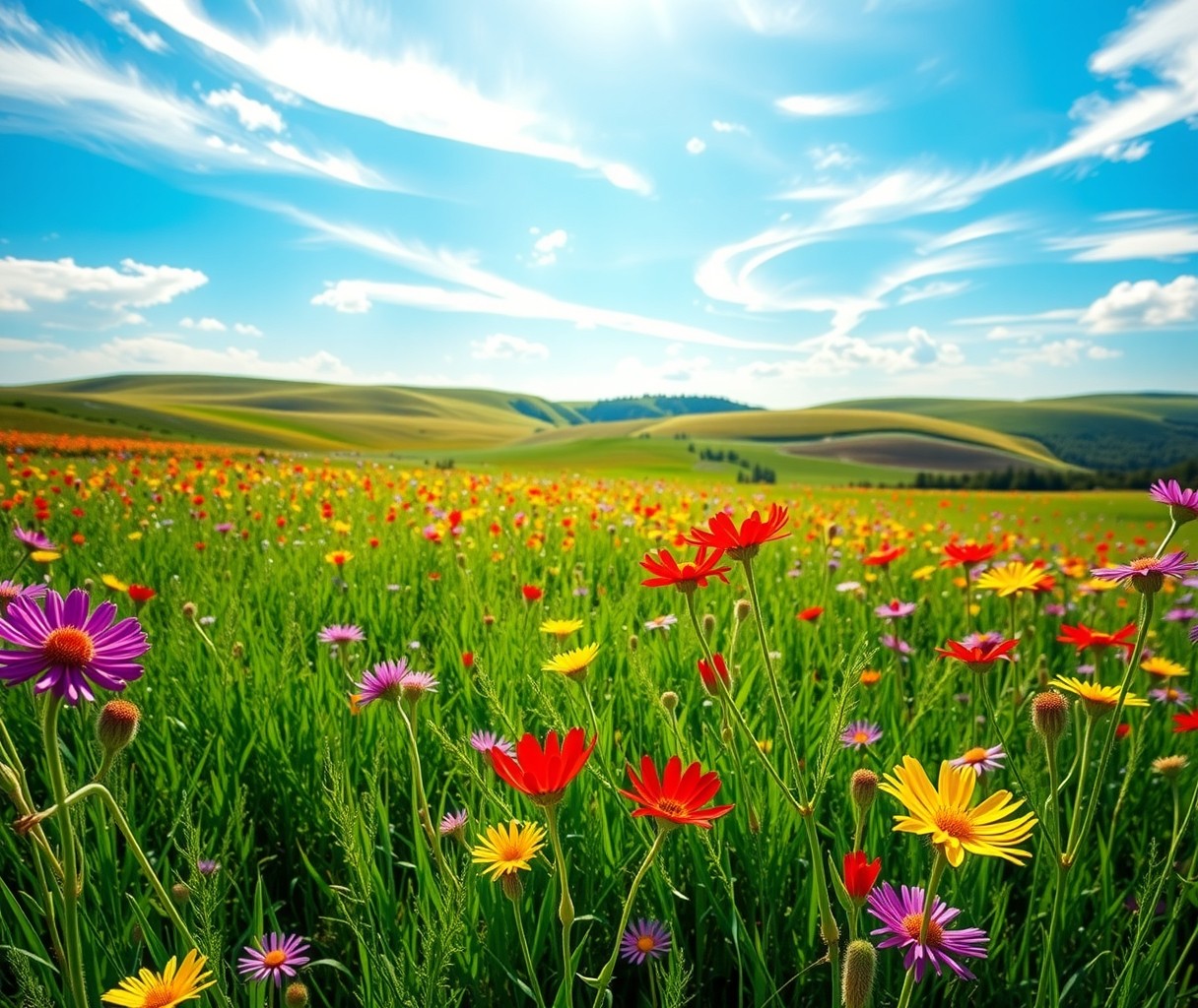 Vibrant Wildflower Field Under Blue Sky – free AI stock image