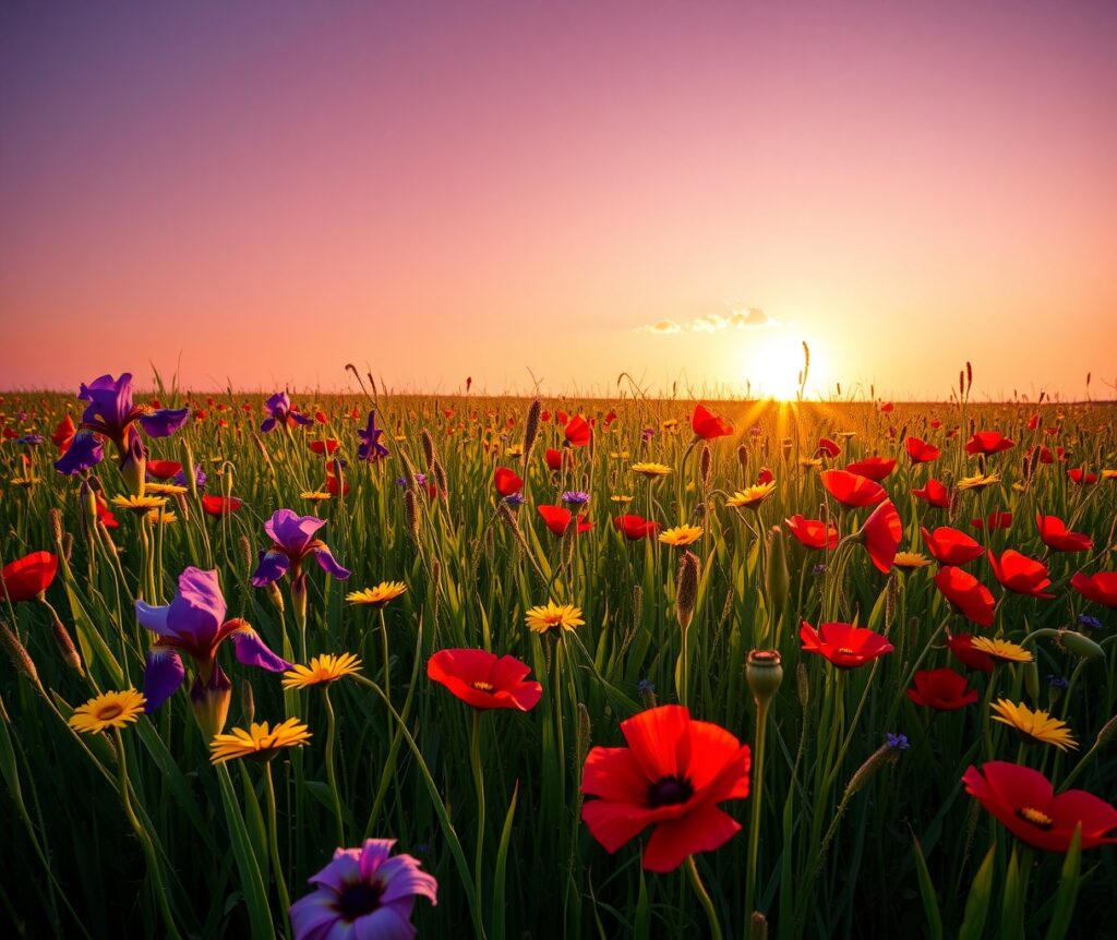 Vibrant Wildflower Meadow at Sunrise – free AI stock image