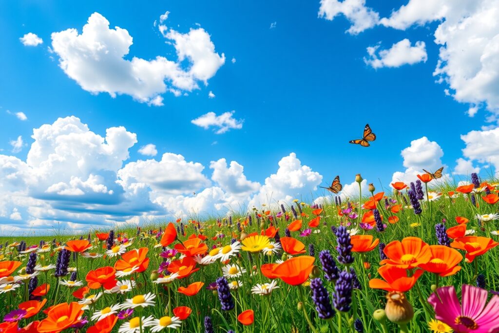 Vibrant Wildflower Meadow Under Blue Sky – free AI stock image