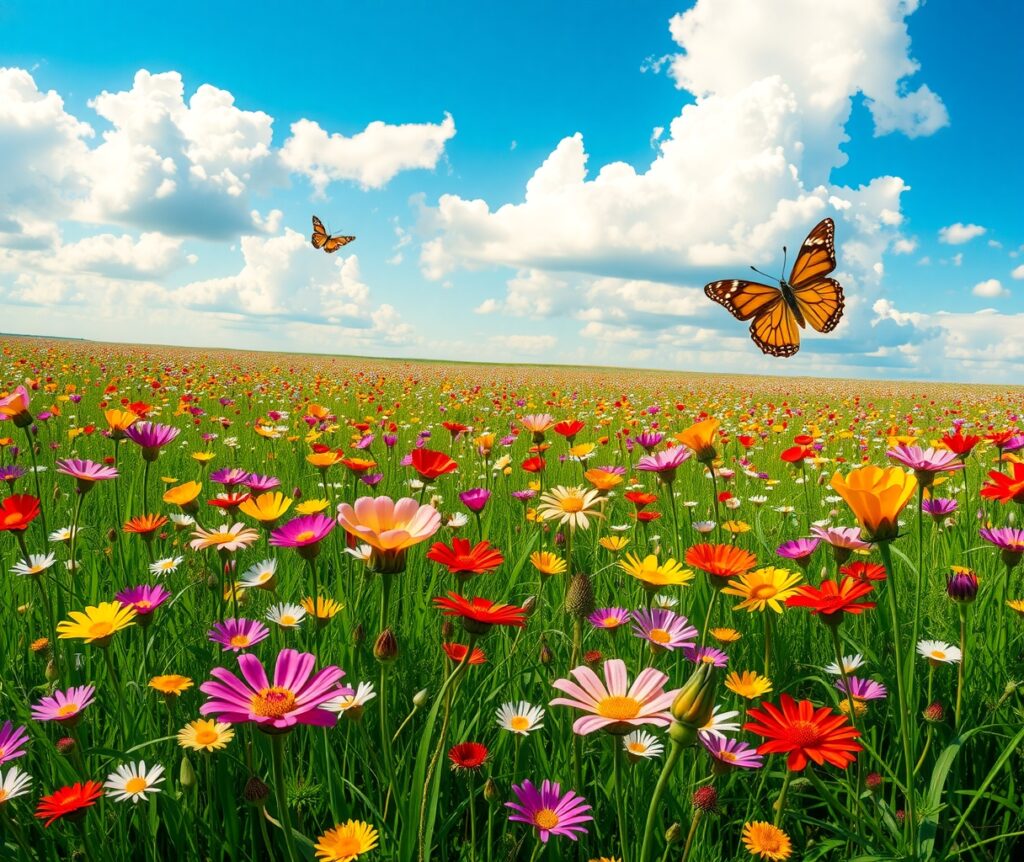 Vibrant Wildflower Meadow Under Blue Sky – free AI stock image