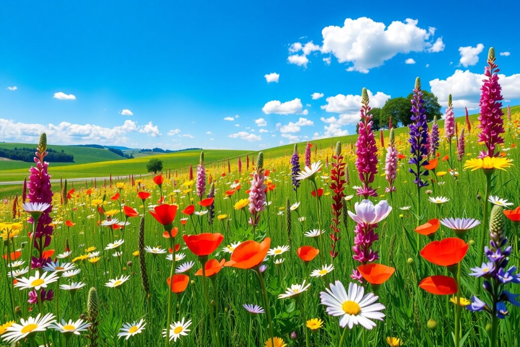 Vibrant Wildflower Meadow Under Clear Sky – free AI stock image