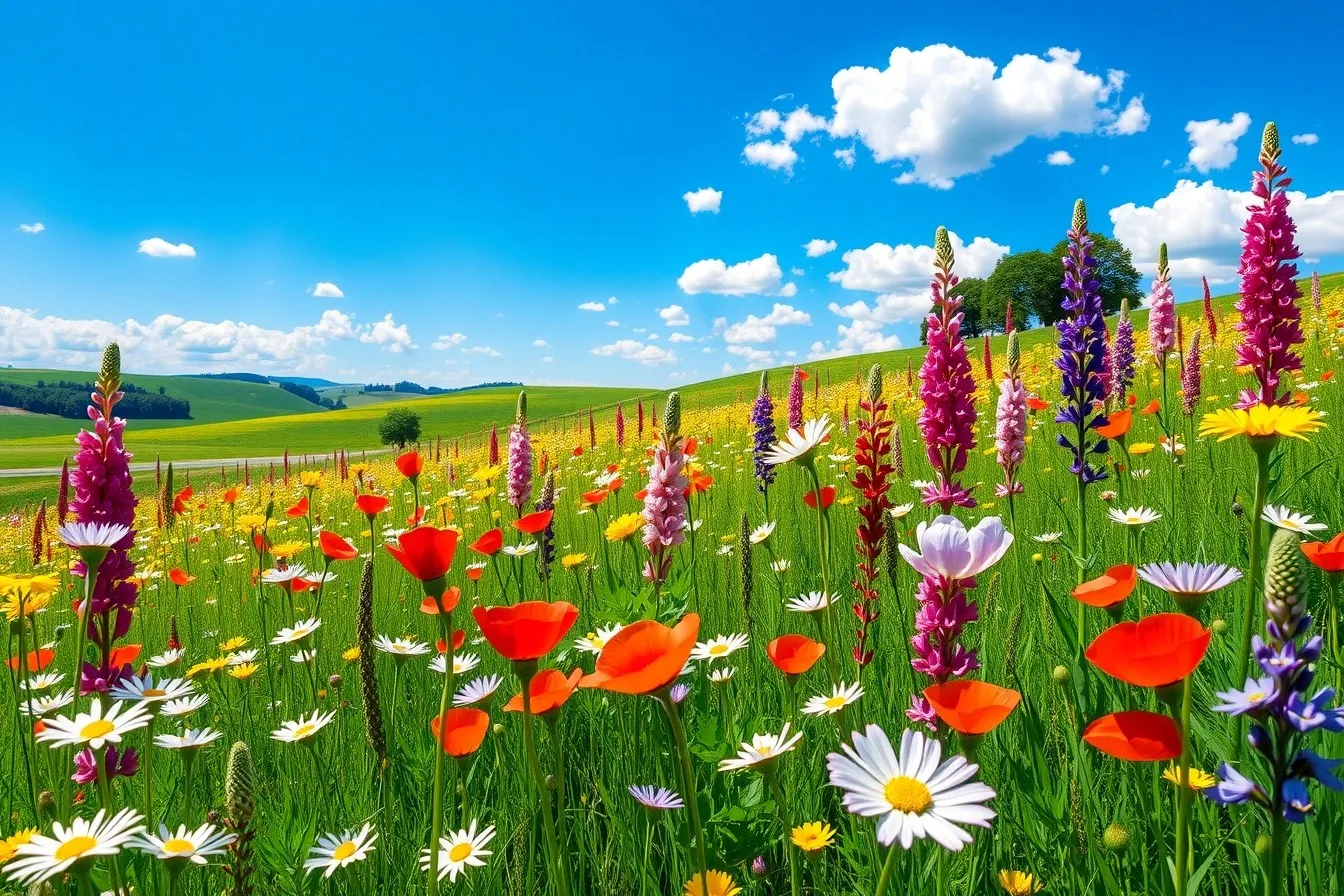 Vibrant Wildflower Meadow Under Clear Sky