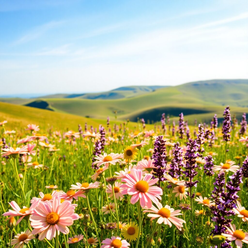 Vibrant Wildflowers in a Sun-Kissed Field – free AI stock image