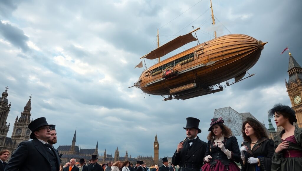 Victorian Airship in the Clouds – free AI stock image