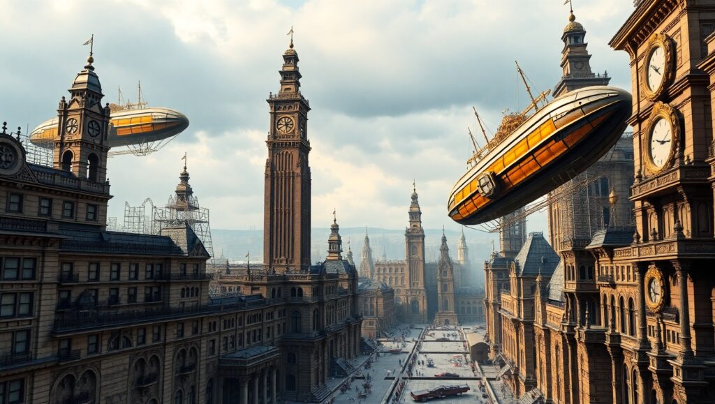 Victorian Cityscape in Steampunk Style – free AI stock image