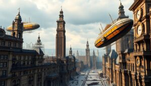 Victorian Cityscape in Steampunk Style – free AI stock image