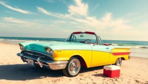 Vintage Beachside Car Adventure – free AI stock image