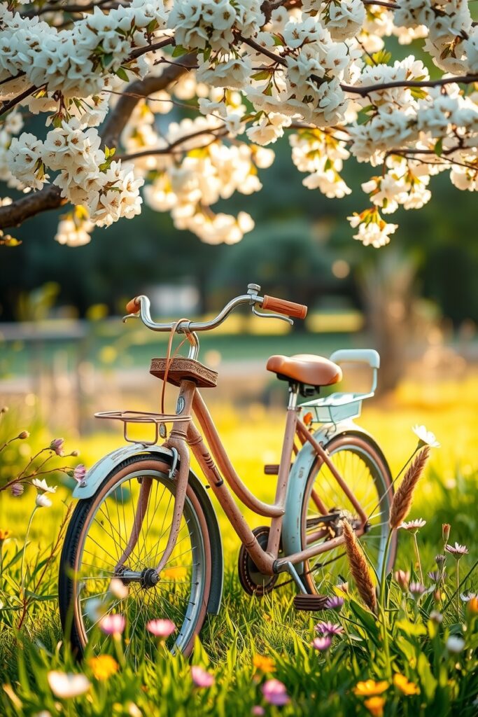 Vintage Bicycle in a Flower-Laden Park – free AI stock image