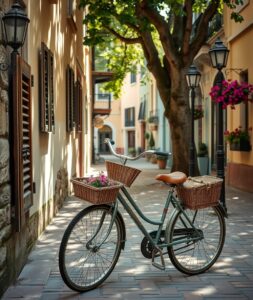 Vintage Bicycle on Cobblestone Street – free AI stock image