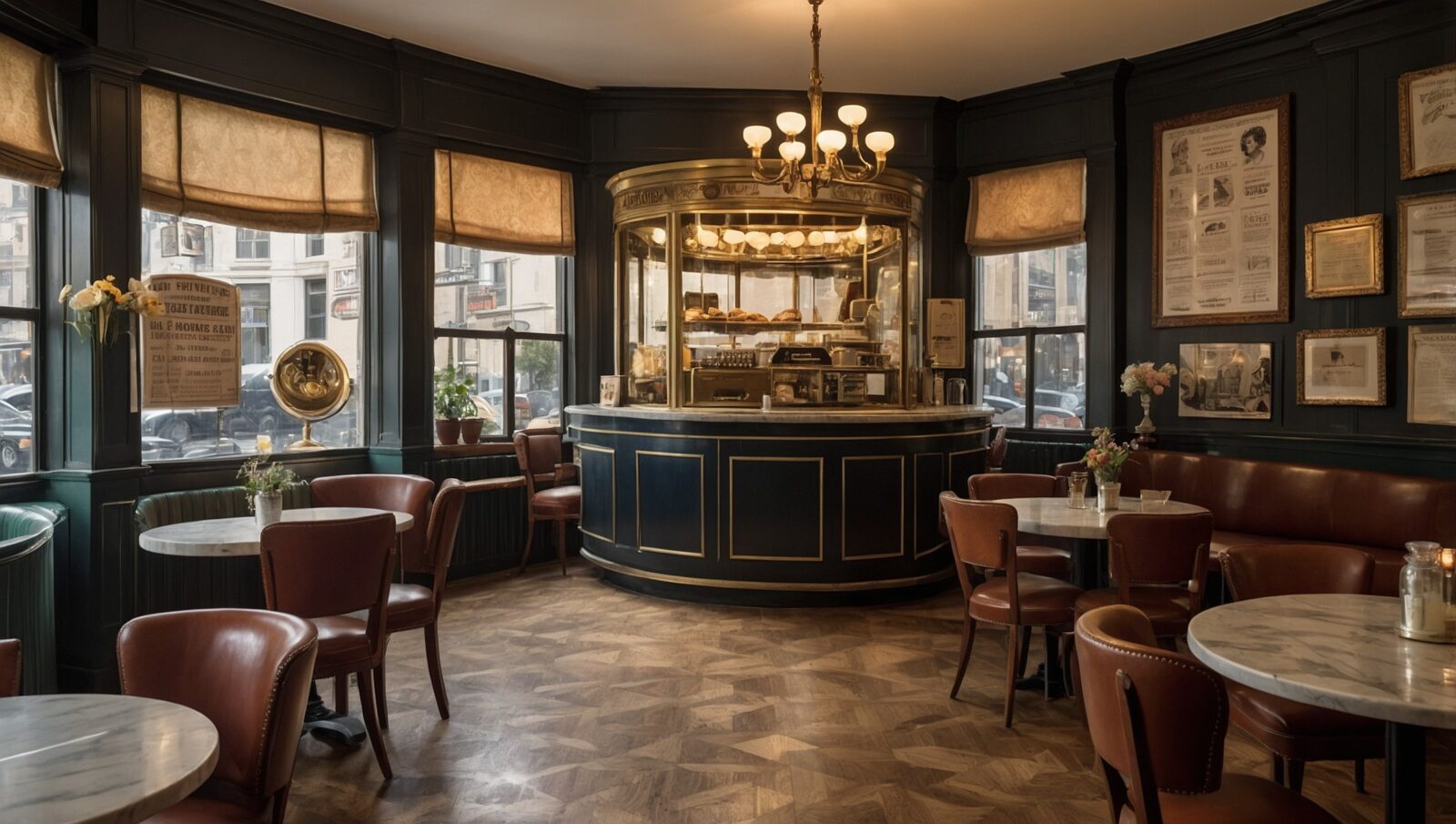 vintage cafe scene with patrons enjoying drinks