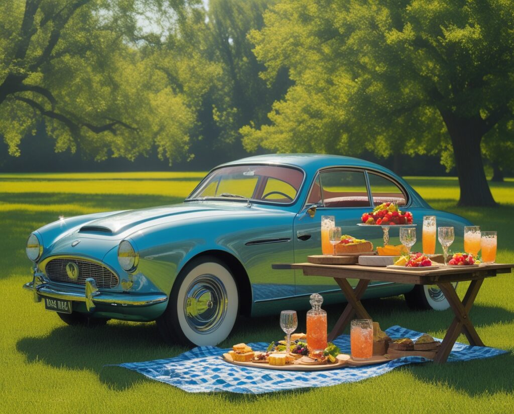 Vintage Car Picnic Setup with Gourmet Snacks – free AI stock image
