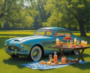 Vintage Car Picnic Setup with Gourmet Snacks – free AI stock image