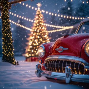 Vintage Car Under Sparkling Christmas Lights – free AI stock image