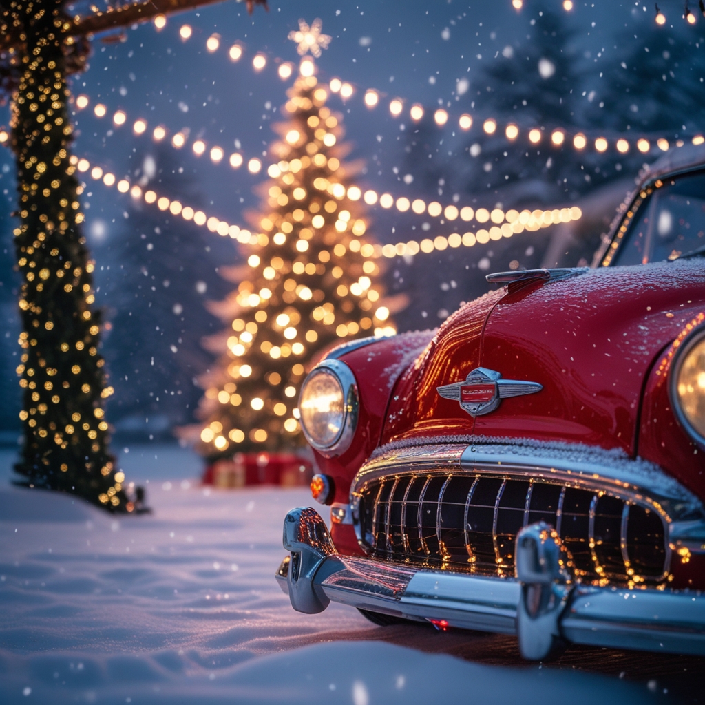 Vintage Car Under Sparkling Christmas Lights – free AI stock image
