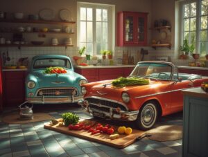 Vintage Cars Styled in a Cozy Kitchen – free AI stock image