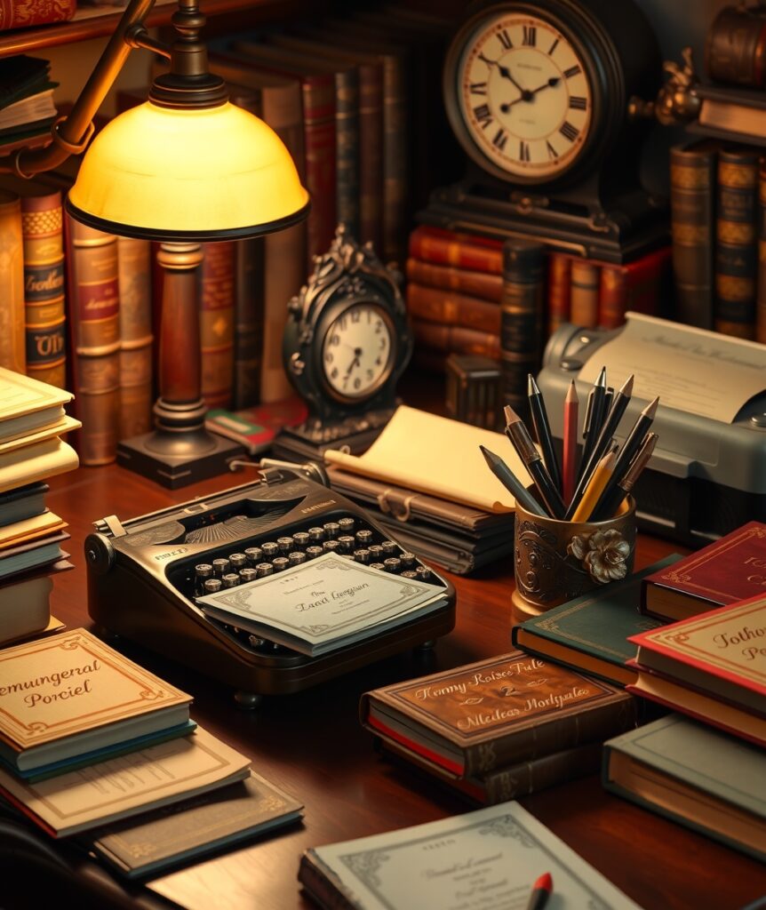 Vintage Desk Stacked with Office Supplies – free AI stock image