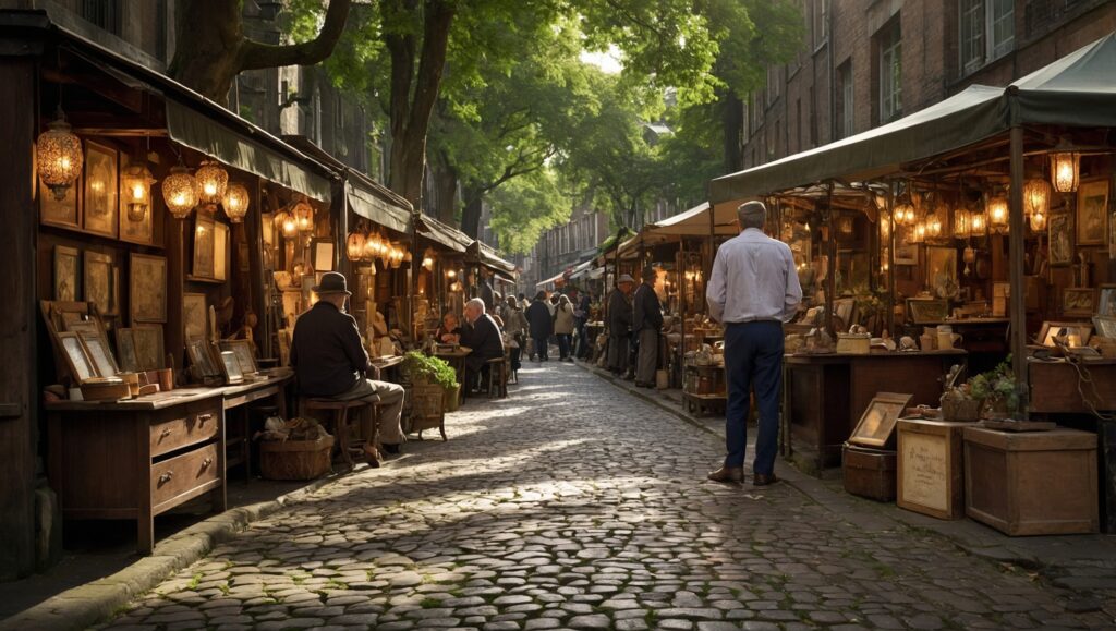 Vintage Market Scene with Curious Shoppers – free AI stock image