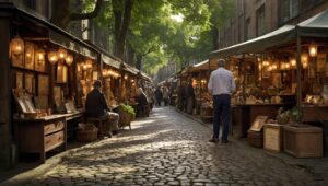 Vintage Market Scene with Curious Shoppers – free AI stock image