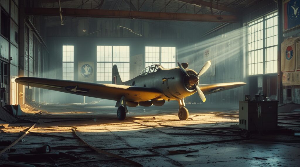 Vintage Military Aircraft in Abandoned Hangar – free AI stock image