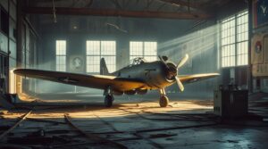 Vintage Military Aircraft in Abandoned Hangar – free AI stock image