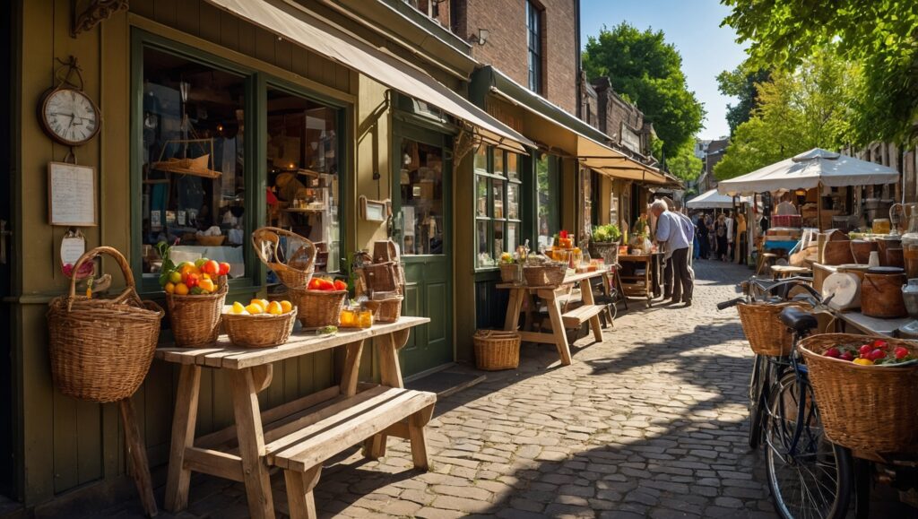 Vintage Street Market with Retro Stalls – free AI stock image
