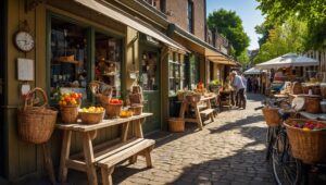 Vintage Street Market with Retro Stalls – free AI stock image