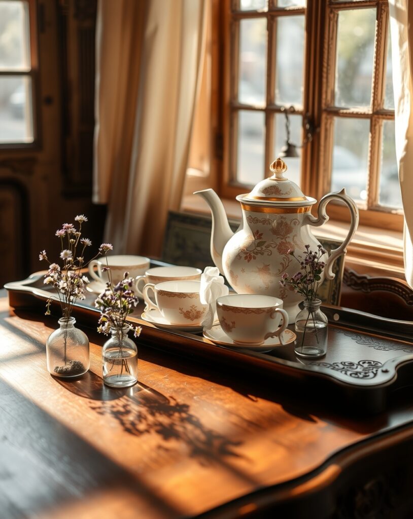 Vintage Tea Set on a Wooden Table – free AI stock image