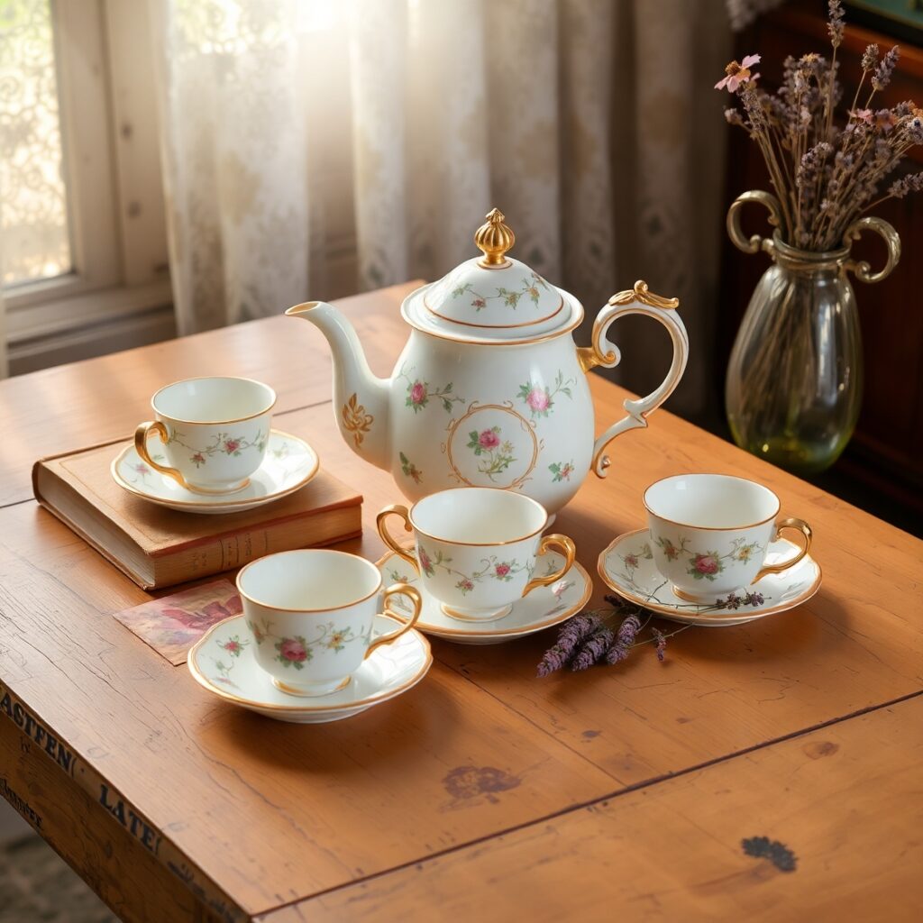 Vintage Tea Set on Wooden Table – free AI stock image