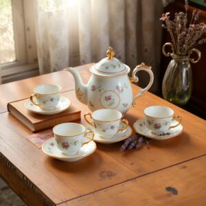 Vintage Tea Set on Wooden Table – free AI stock image