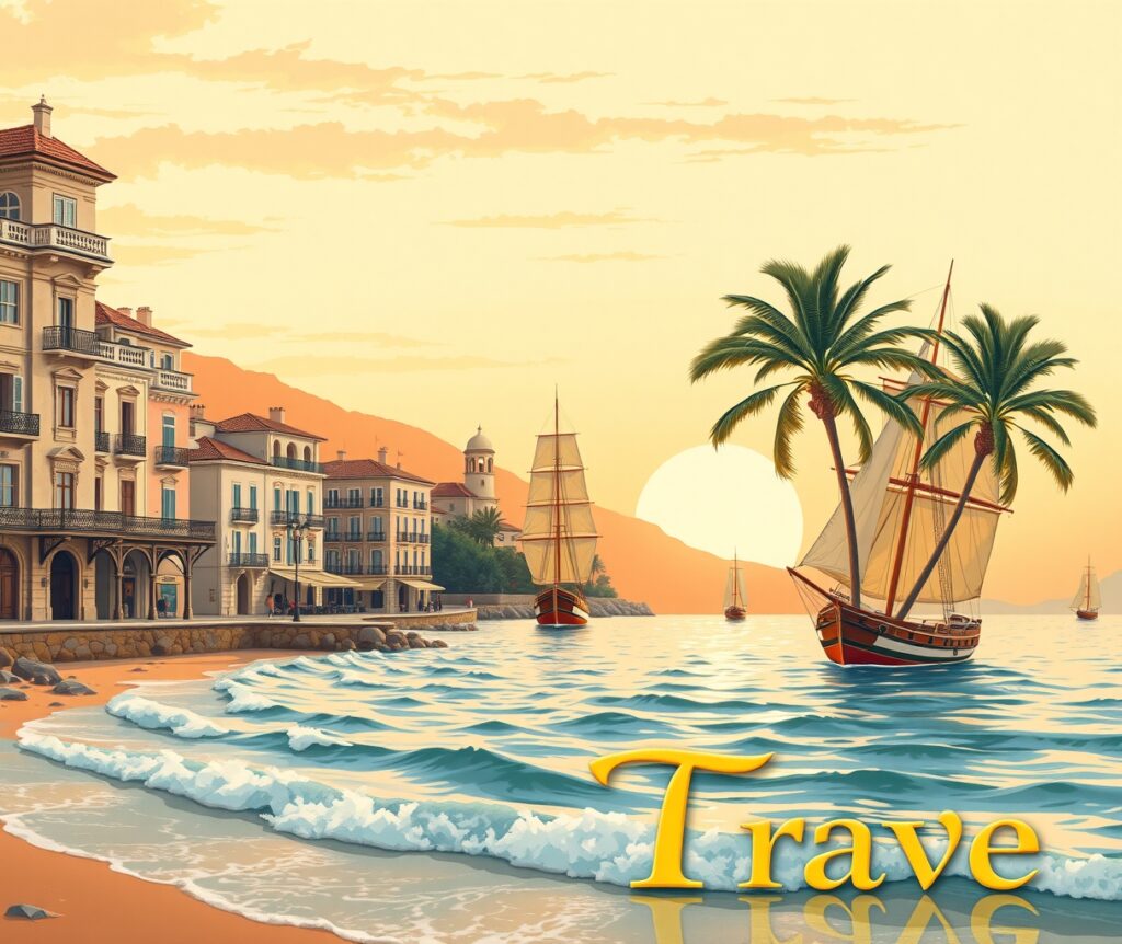 Vintage Travel Poster of a Coastal Town – free AI stock image