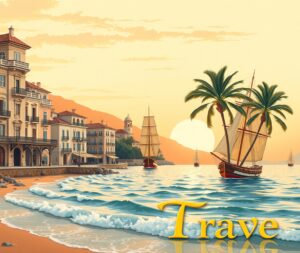 Vintage Travel Poster of a Coastal Town – free AI stock image