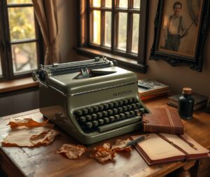 Vintage Typewriter on an Old Wooden Desk – free AI stock image
