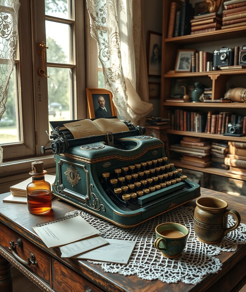 Vintage Typewriter on Rustic Desk – free AI stock image