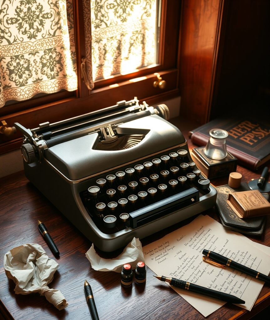 Vintage Typewriter on Wooden Desk – free AI stock image