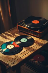 Vintage Vinyl Records on Wooden Table – free AI stock image