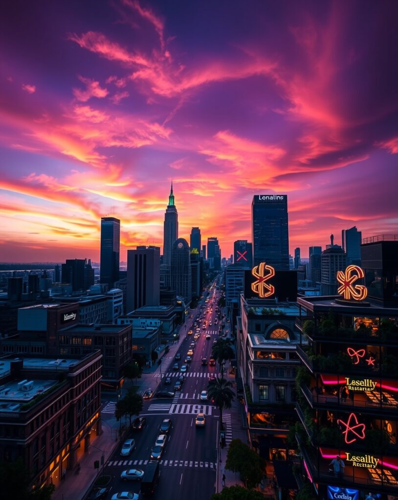 Vivid Cityscape Under Twilight Skies – free AI stock image
