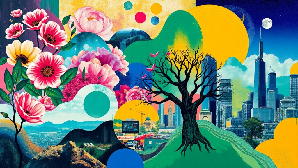 Vivid Collage of Nature and Urban Life – free AI stock image
