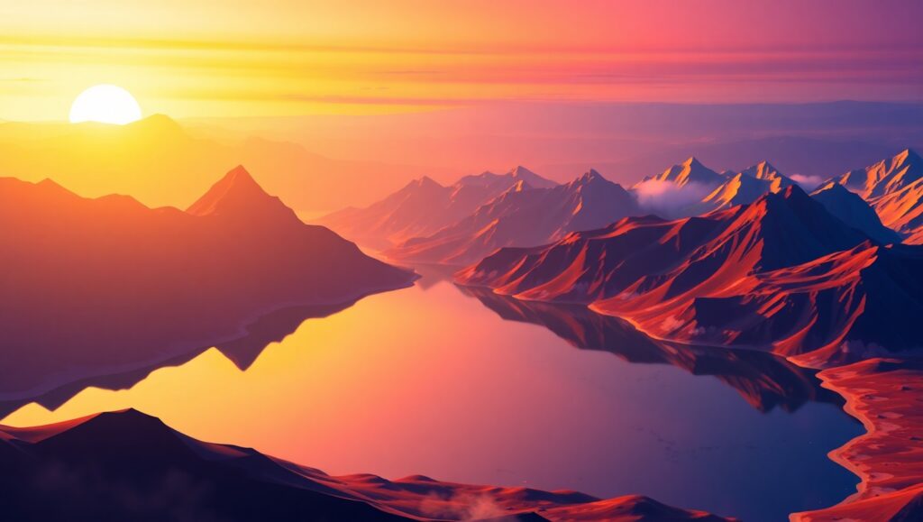 Vivid Low-Poly Sunset Landscape – free AI stock image