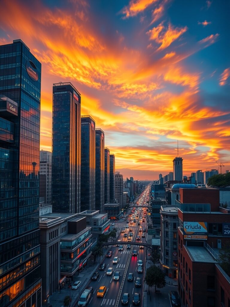Vivid Urban Landscape at Dusk – free AI stock image