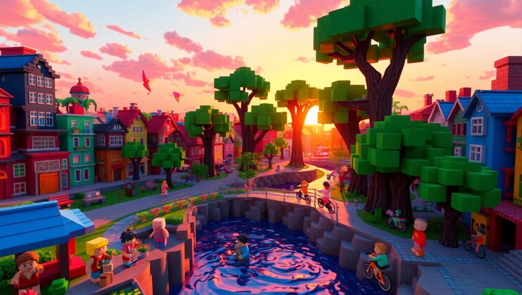 Vivid Voxel City Sunset – free AI stock image