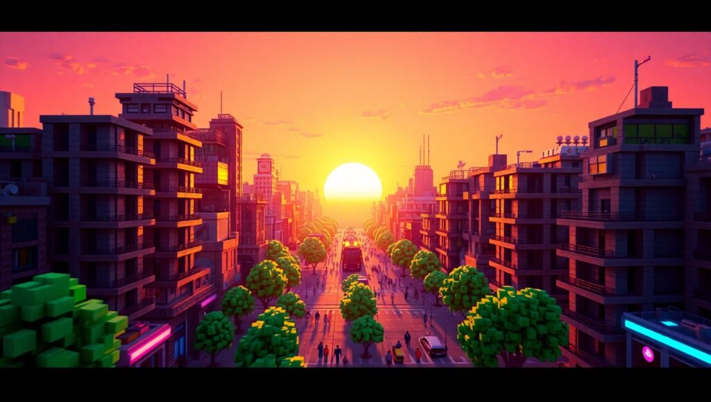 Voxel Art Cityscape at Sunset – free AI stock image