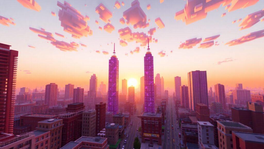 Voxel City at Sunset Glow – free AI stock image