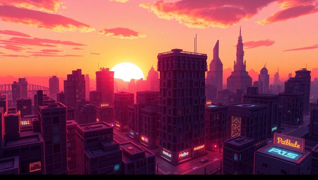 Voxel Cityscape at Sunset – free AI stock image